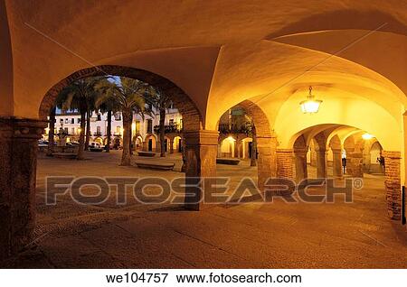 Stock Photo - Plaza Grande at dusk, Zafra, Badajoz province, Extremadura, Spain. Fotosearch