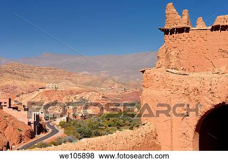 Road up the Dades Gorge in the High Atlas mountains from the crumbling Kasbah Ait Youl rooftop View Large Photo Image Stock Photo - Road up the Dades Gorge in the High Atlas mountains from the crumbling Kasbah Ait Youl rooftop. Fotosearch