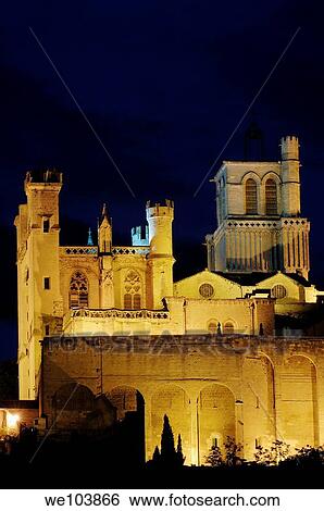Stock Photograph - Saint-Nazaire cathedral at dusk, Beziers, Herault, Languedoc-Roussillon, France. Fotosearch