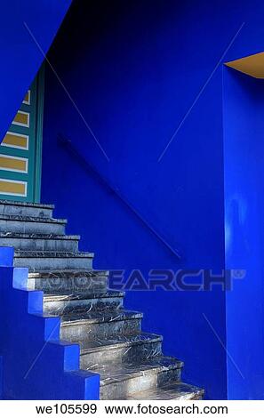 Stairs and door with blue and yellow at the Islamic Art Museum of Marrakech at Majorelle Garden Morocco View Large Photo Image Stock Photo - Stairs and door with blue and yellow at the Islamic Art Museum of Marrakech at Majorelle Garden Morocco. Fotosearch