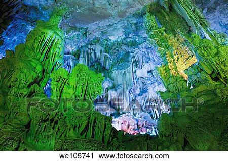The beautifully illuminated Reed Flute Caves located in Guilin, Guangxi Provine, China View Large Photo Image Stock Image - The beautifully illuminated Reed Flute Caves located in Guilin, Guangxi Provine, China. Fotosearch