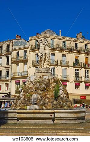 The Three Graces fountain at Place de la Comedie, Montpellier, Herault, Languedoc-Roussillon, France View Large Photo Image Stock Photograph - The Three Graces fountain at Place de la Comedie, Montpellier, Herault, Languedoc-Roussillon, France. Fotosearch