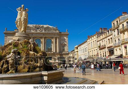 The Three Graces fountain at Place de la Comedie, Montpellier, Herault, Languedoc-Roussillon, France View Large Photo Image Stock Photography - The Three Graces fountain at Place de la Comedie, Montpellier, Herault, Languedoc-Roussillon, France. Fotosearch