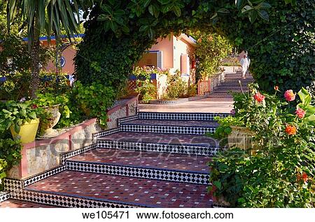 Stock Image - Tiled steps and tropical gardens at Hippocampe resort Oualidia Morocco. Fotosearch