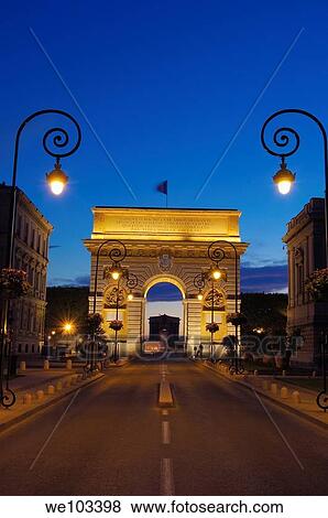 Triumphal Arch at dusk, Montpellier, Herault, Languedoc-Roussillon, France View Large Photo Image Stock Photo - Triumphal Arch at dusk, Montpellier, Herault, Languedoc-Roussillon, France. Fotosearch