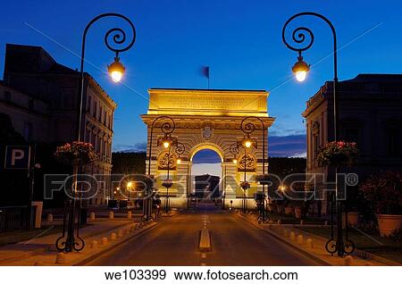 Triumphal Arch at dusk, Montpellier, Herault, Languedoc-Roussillon, France View Large Photo Image Stock Photo - Triumphal Arch at dusk, Montpellier, Herault, Languedoc-Roussillon, France. Fotosearch