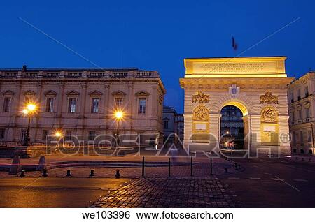 Triumphal Arch at dusk, Montpellier, Herault, Languedoc-Roussillon, France View Large Photo Image Stock Photograph - Triumphal Arch at dusk, Montpellier, Herault, Languedoc-Roussillon, France. Fotosearch