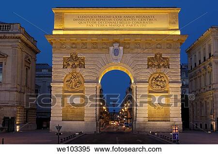 Triumphal Arch at dusk, Montpellier, Herault, Languedoc-Roussillon, France View Large Photo Image Stock Photography - Triumphal Arch at dusk, Montpellier, Herault, Languedoc-Roussillon, France. Fotosearch