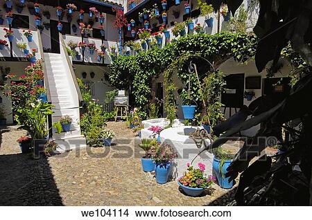 Typical courtyard in San Basilio quarter, Jewish quarter, Cordoba, Andalusia, Spain View Large Photo Image Picture - Typical courtyard in San Basilio quarter, Jewish quarter, Cordoba, Andalusia, Spain. Fotosearch