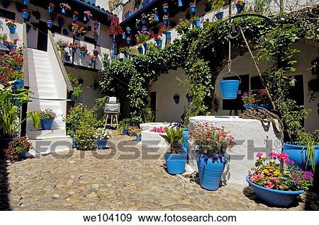Typical courtyard in San Basilio quarter, Jewish quarter, Cordoba, Andalusia, Spain View Large Photo Image Stock Photo - Typical courtyard in San Basilio quarter, Jewish quarter, Cordoba, Andalusia, Spain. Fotosearch