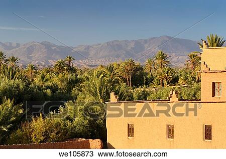 View of High Atlas mountains and the Skoura Palm tree oasis from Kasbah Ait Ben Moro Morocco View Large Photo Image Stock Image - View of High Atlas mountains and the Skoura Palm tree oasis from Kasbah Ait Ben Moro Morocco. Fotosearch