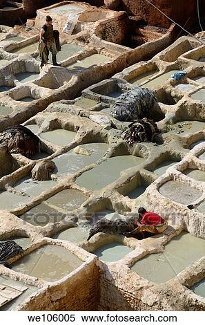 Wet blue chrome tanning soaking vats at Chouara Fes Tannery Morocco View Large Photo Image Stock Photography - Wet blue chrome tanning soaking vats at Chouara Fes Tannery Morocco. Fotosearch