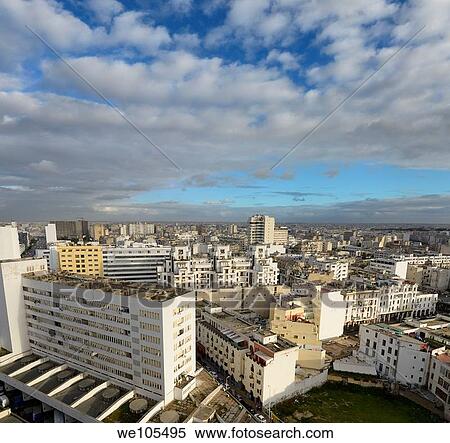 Wide angle view looking down on the white Casablanca cityscape, Morocco View Large Photo Image Stock Photography - Wide angle view looking down on the white Casablanca cityscape, Morocco. Fotosearch