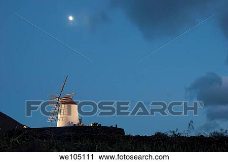 Windmill at night, Cactus Garden. Guatiza, Lanzarote island, Canary Islands, Spain. View Large Photo Image Stock Image - Windmill at night, Cactus Garden. Guatiza, Lanzarote island, Canary Islands, Spain.. Fotosearch