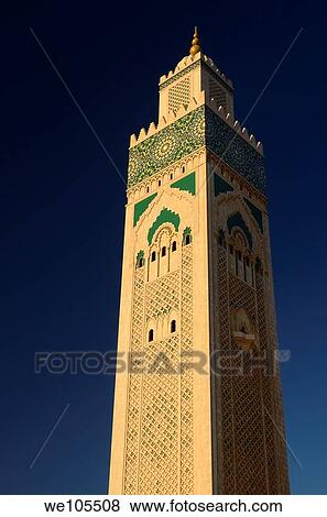 Worlds tallest minaret of the Hassan II Mosque in Casablanca Morocco at sunset View Large Photo Image Stock Photo - Worlds tallest minaret of the Hassan II Mosque in Casablanca Morocco at sunset. Fotosearch