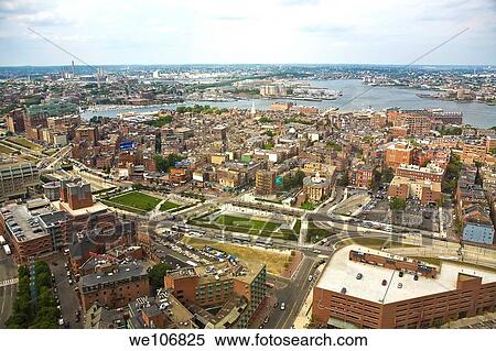 Stock Photography - Aerial View of North End Boston, Massachusetts NO MR No PR. Fotosearch
