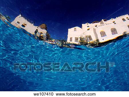 Stock Image - Blurred view of a hotel from underwater, Egypt. Fotosearch