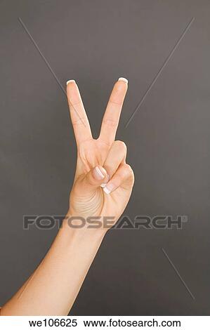 Caucasian female using hand gestures to say peace or victory View Large Photo Image Stock Photography - Caucasian female using hand gestures to say peace or victory. Fotosearch