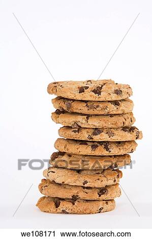 Stock Image - Chocolate Chip Cookies on white background. Fotosearch
