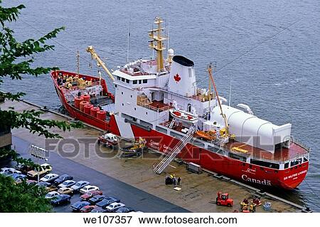 Stock Photo - Coastguard boat moored at a wharf along the Saint Lawrence River, Quebec City, Quebec, Canada. Fotosearch