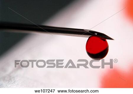 Drop of blood at the end of a syringe View Large Photo Image Stock Photo - Drop of blood at the end of a syringe. Fotosearch