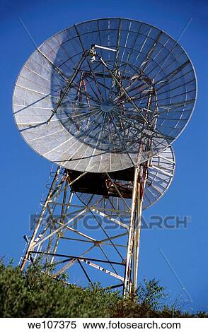 Stock Photography - Satellite dish on a communications tower, Bastia, Corsica, France. Fotosearch