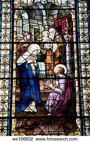 Stock Image - Stained Glass window depicting a Religious scene, Notre-Dame de Quebec Basilica-Cathedral, Quebec City, Quebec, Canada. Fotosearch