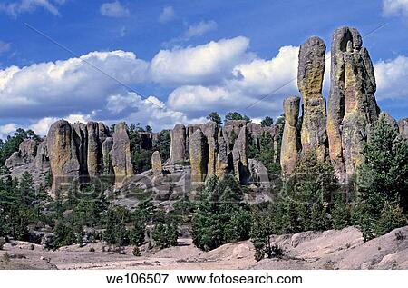 Stock Photo - Standing rock formations Monkey´s Valley, San Ignacio, Creel, Mexico. Fotosearch