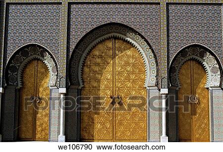 Three golden doors forming the grand entrance to the Royal Palace in Fez, Morocco View Large Photo Image Stock Image - Three golden doors forming the grand entrance to the Royal Palace in Fez, Morocco. Fotosearch
