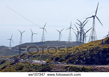 Stock Photo - Wind turbines on hills above E5 N340 Highway near Tarifa, Andalusia, Spain. Fotosearch