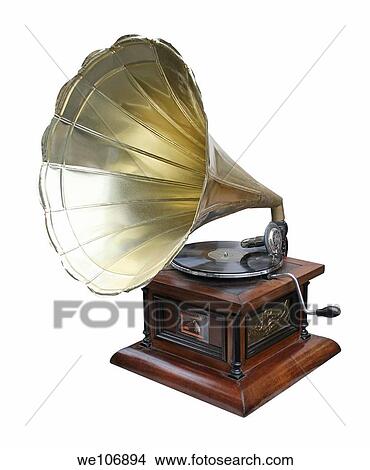 An old brass horn gramophone and record. View Large Photo Image Picture - An old brass horn gramophone and record.. Fotosearch