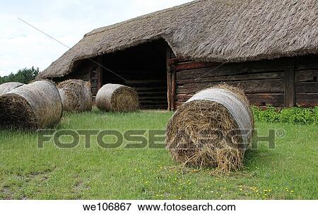 Harvested straw bales in front of the barn, Hungary, Szentendre, Open-air Museum. View Large Photo Image Stock Photo - Harvested straw bales in front of the barn, Hungary, Szentendre, Open-air Museum.. Fotosearch