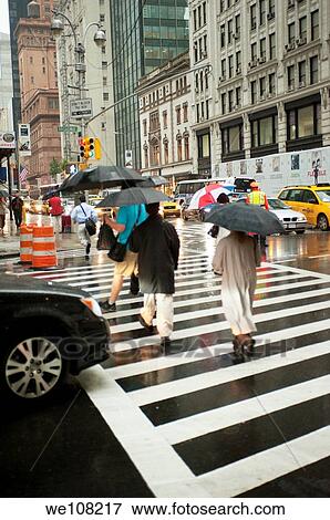 Stock Photo - New York city street scene on a rainy day, people carrying umbrellas and walking on a crosswalk, with cars in the frame.. Fotosearch