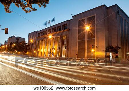 Stock Image - Real Casa de la Moneda museum, night view. Madrid, Spain.. Fotosearch