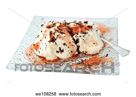 Sweet cream ice cream with chocolate chips and strawberry sauce View Large Photo Image Stock Photo - Sweet cream ice cream with chocolate chips and strawberry sauce. Fotosearch
