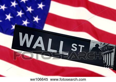 Wall street sign in front of the United States Flag View Large Photo Image Stock Photography - Wall street sign in front of the United States Flag. Fotosearch