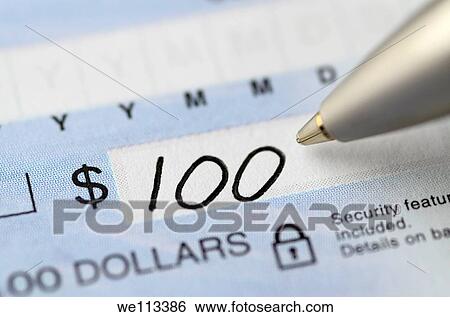 Close up of pen writing the dollar amount begining with 100 on a cheque with security features View Large Photo Image Stock Photograph - Close up of pen writing the dollar amount begining with 100 on a cheque with security features. Fotosearch