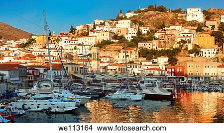The historic port of Hydra, Greek Saronic Islands View Large Photo Image Picture - The historic port of Hydra, Greek Saronic Islands. Fotosearch