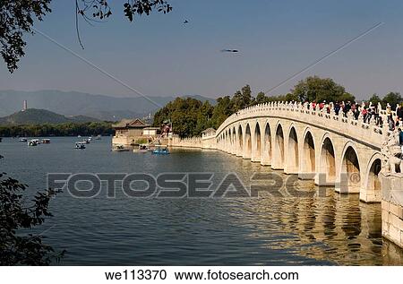 Stock Image - 17 Arch bridge to South Lake Island on Kunming Lake Summer Palace Beijing. Fotosearch