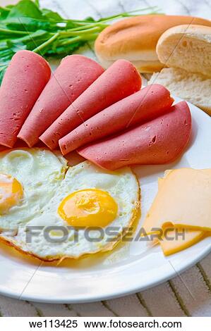 Stock Photography - Breakfast plate with Mortadella, eggs, cheese, toasted bun. Fotosearch