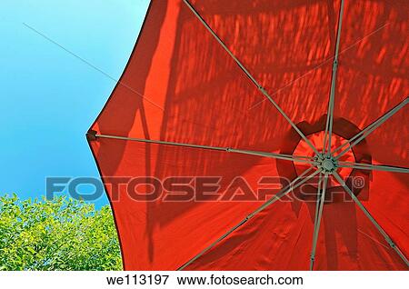 Reddish umbrella against blue sky, by trees in Provence, France View Large Photo Image Stock Photo - Reddish umbrella against blue sky, by trees in Provence, France. Fotosearch