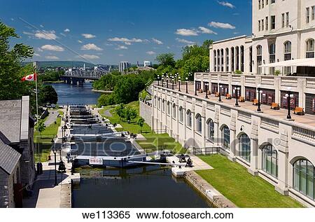 Rideau Canal locks to the Ottawa river with Bytown museum and Chateau Laurier hotel View Large Photo Image Stock Photography - Rideau Canal locks to the Ottawa river with Bytown museum and Chateau Laurier hotel. Fotosearch