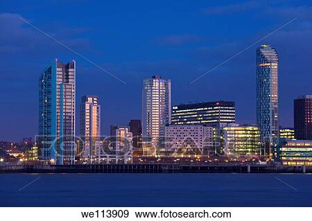 Stock Photo - Skyline and Waterfront at night, Liverpool, Merseyside, England. Fotosearch