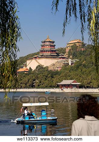 Stock Image - Tourist watching paddle boaters on Kunming Lake Buddhist Fragrance temple at Summer Palace Beijing. Fotosearch
