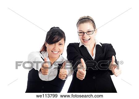 Stock Photo - Two young happy business women gesturing thumbs up, isolated on white background. Fotosearch