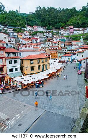 Stock Image - View at dusk. Cudillero, Asturias province, Spain.. Fotosearch