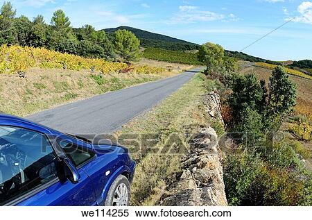 Stock Photography - Car on roadside by vineyards with fall foliage, AOC Faugeres, Herault, France. Fotosearch