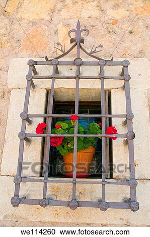 Stock Image - Wrought iron window Pedraza, Segovia province, Castilla León, Spain. Fotosearch