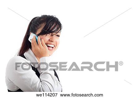 Stock Photo - Young happy business woman on the phone, isolated on white background with large copy space. Fotosearch