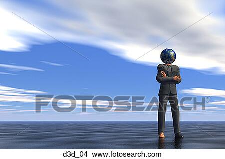 Businessman with a globe head standing on water with his arms crossed View Large Photo Image Picture - Businessman with a globe head standing on water with his arms crossed. Fotosearch